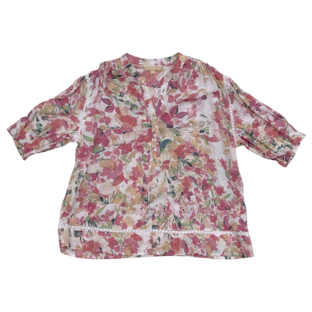 Hope & Harlow White & Pink Floral Blouse 3/4 Sleeves - Womens Size Medium
